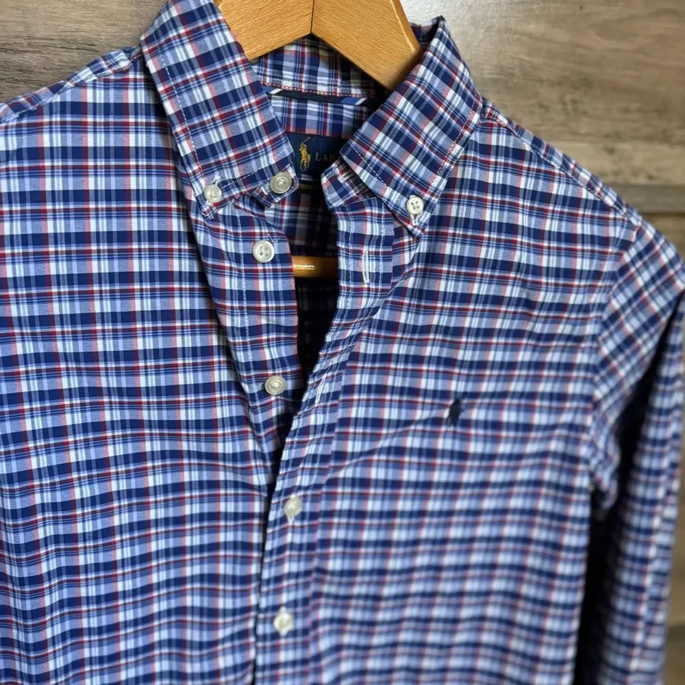 Ralph Lauren Boys M 10-12 Red White Blue Plaid Button Down Shirt Patriotic Top